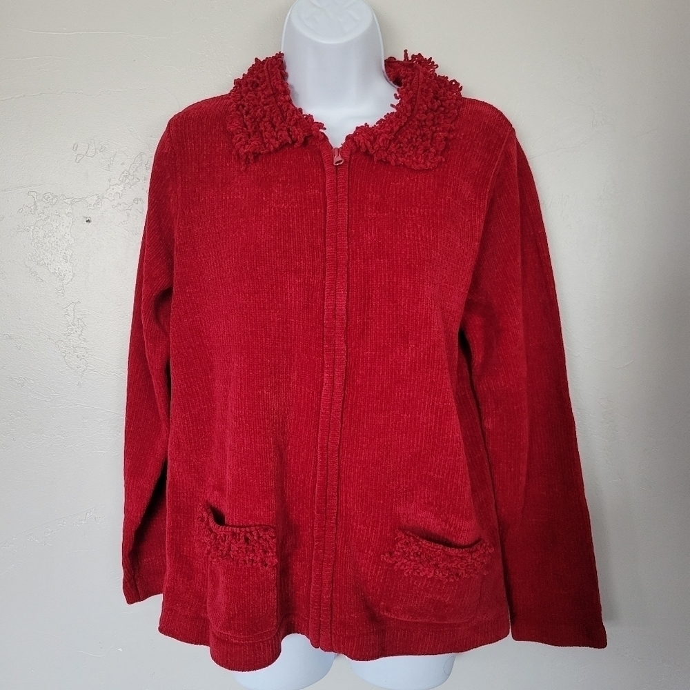 Designers Originals Women's Medium Red Long Sleeve Jacket Shaggy Collar Trim